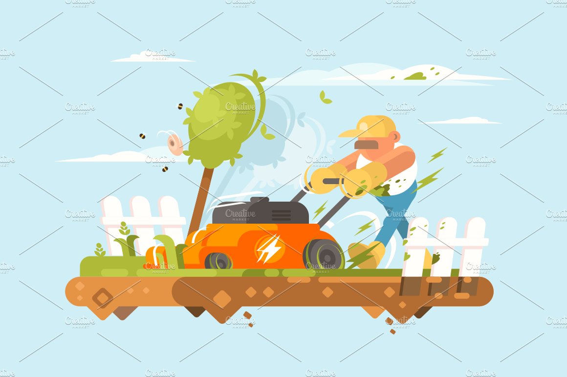 Man mowing grass cover image.