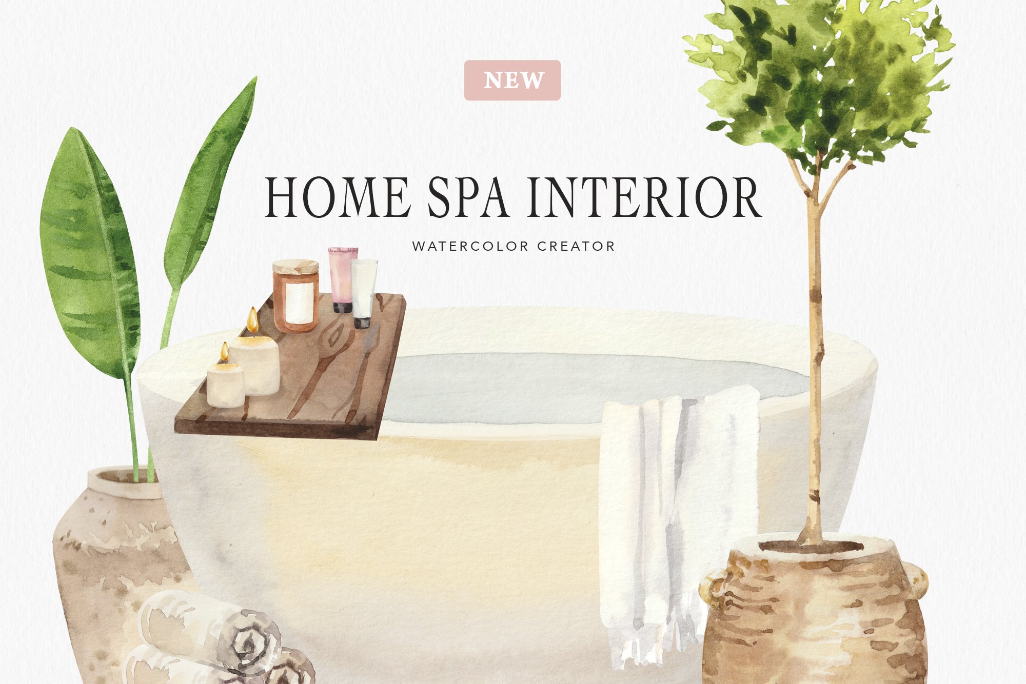 Home spa interior watercolor creator cover image.