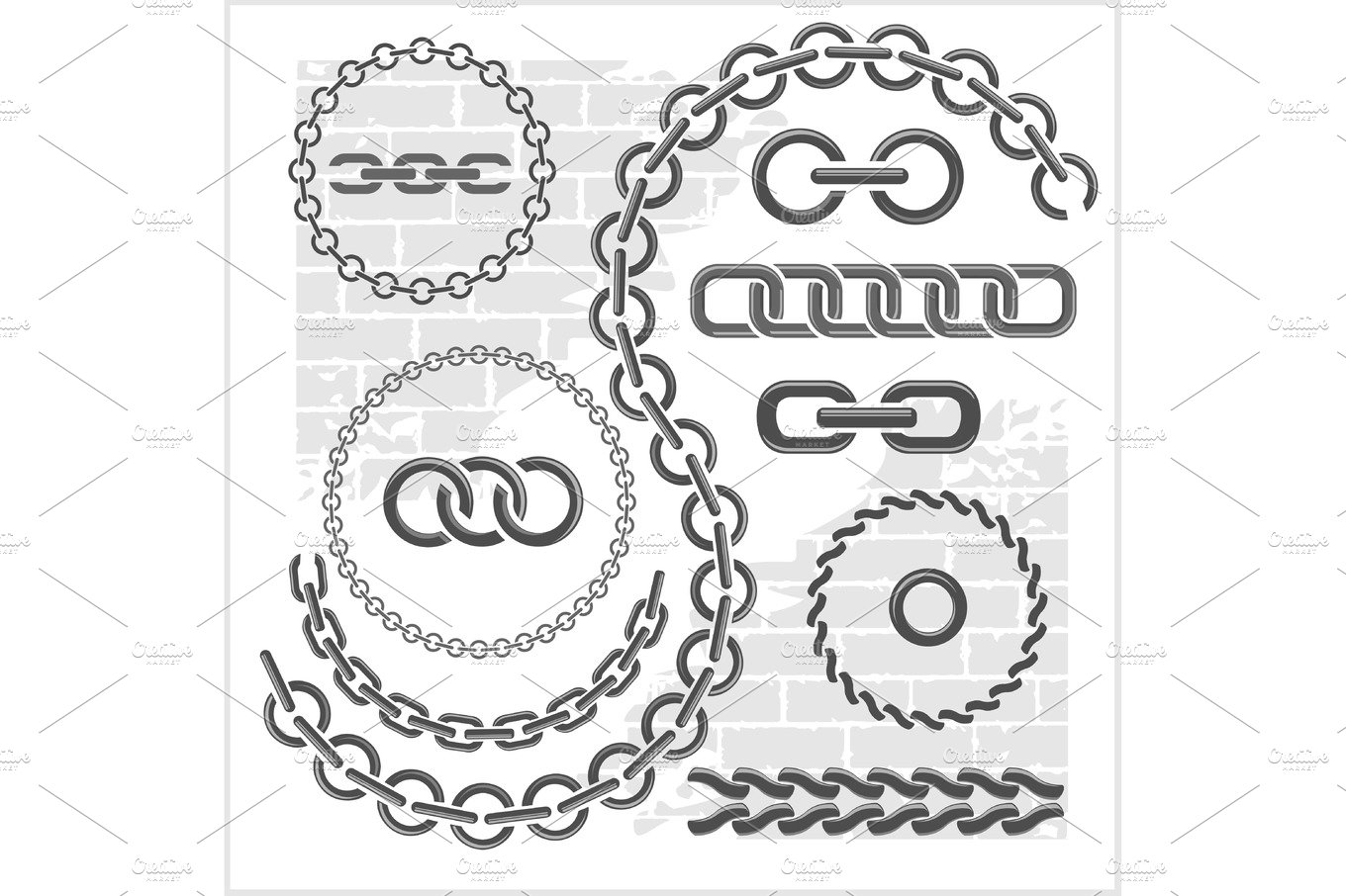 Chains set - icons, parts, circles of chains. cover image.