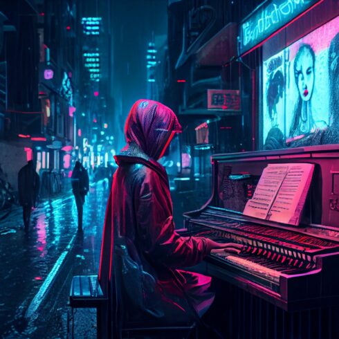 Dreamy Girl playing on an old piano in street at night. Joyful Street musician cover image.