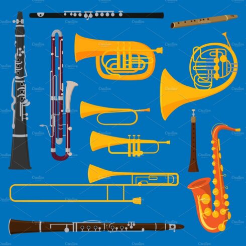 Musical wind air tube brass instruments vector isolated on background blow ... cover image.