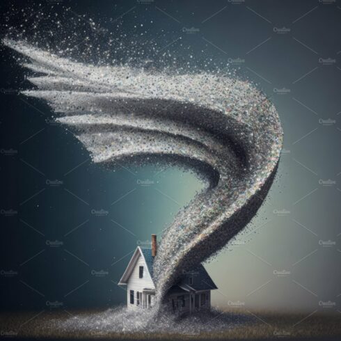 Painting of a dramatic tornado destroying a house. Generative AI cover image.