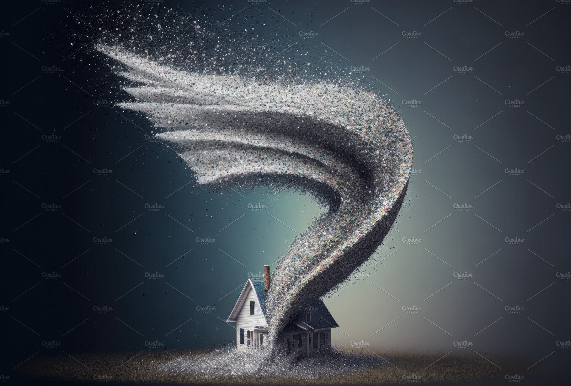 Painting of a dramatic tornado destroying a house. Generative AI cover image.