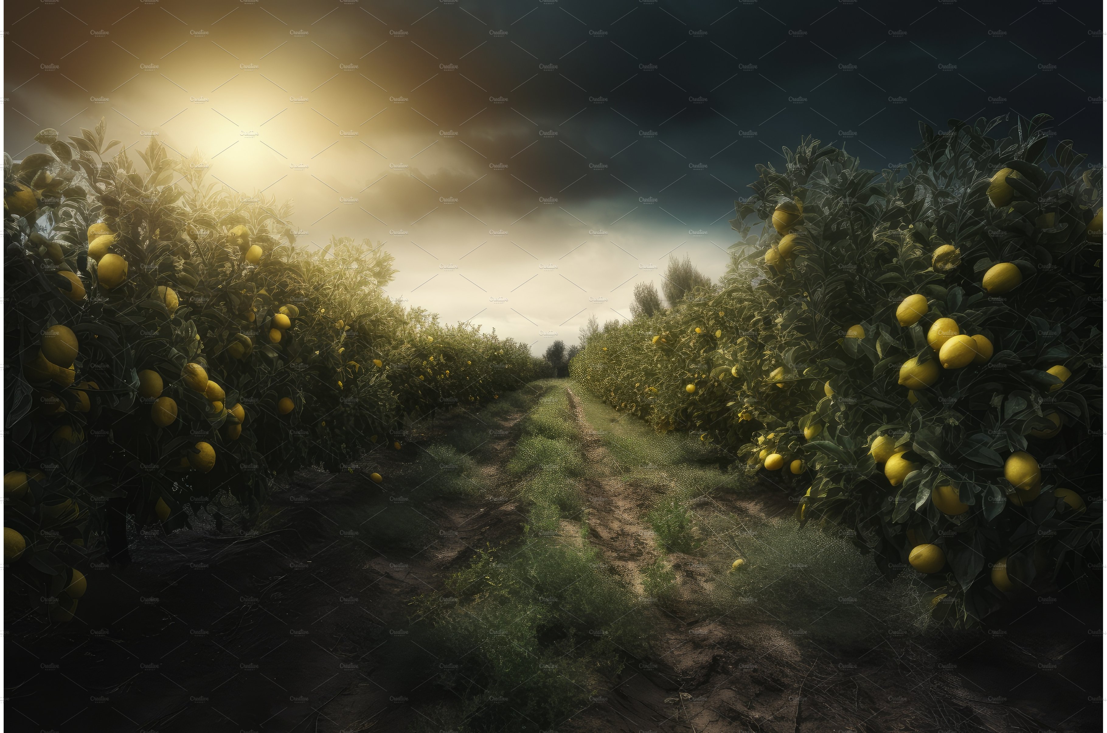 Lemon tree garden at sunset cover image.