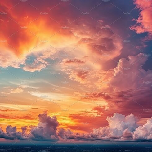 Colorful sky concept. Stunning sunset with vibrant twilight sky and clouds ... cover image.