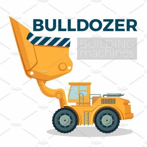 Bulldozer building machine realistic logo design on white. Crawler tractor cover image.