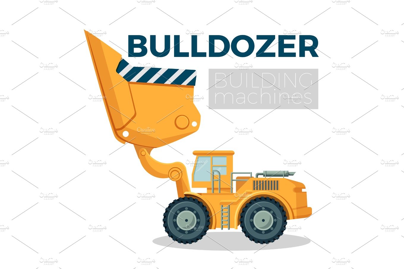 Bulldozer building machine realistic logo design on white. Crawler tractor cover image.