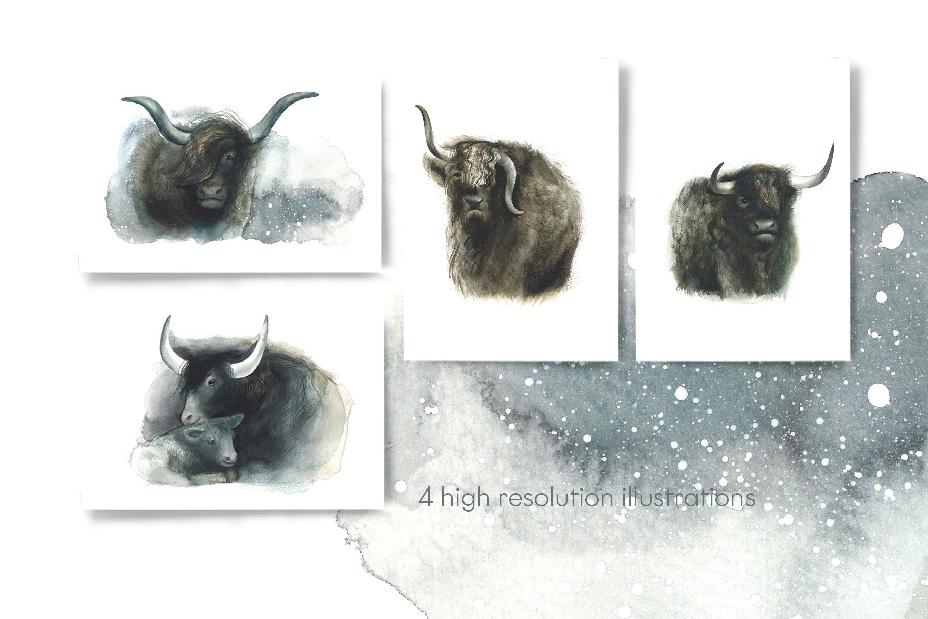 SET OF YAK WATERCOLOR ILLUSTRATIONS preview image.