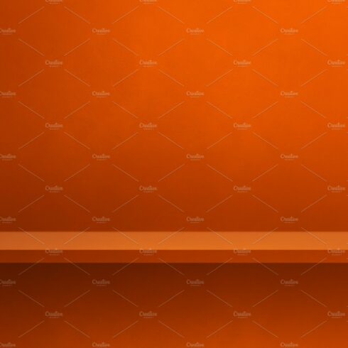 Empty shelf on orange wall. Background template. Horizontal back cover image.