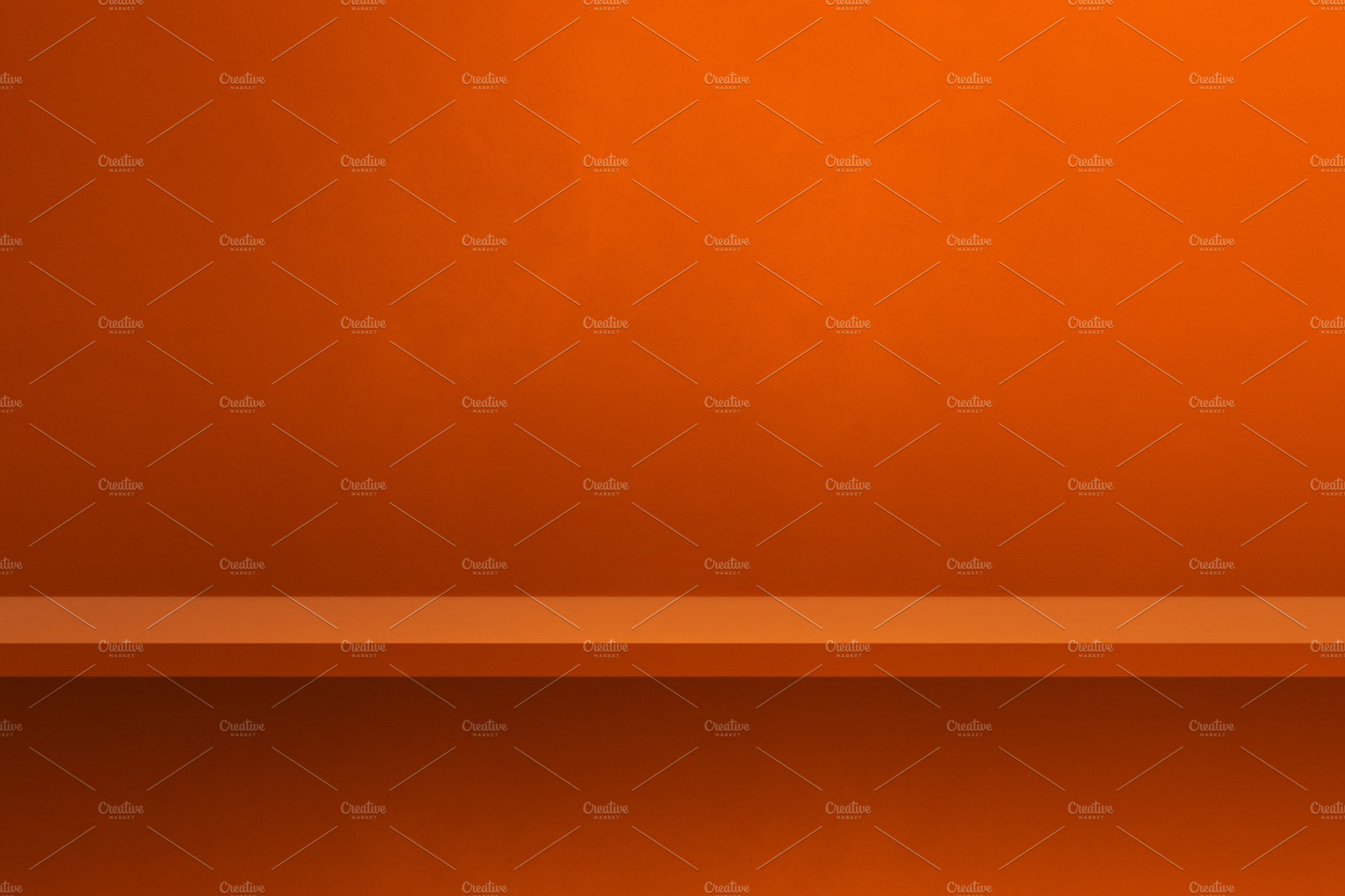 Empty shelf on orange wall. Background template. Horizontal back cover image.