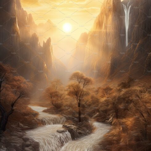 Beautiful vertical landscape with tall mountains, waterfall and a river. Ge... cover image.