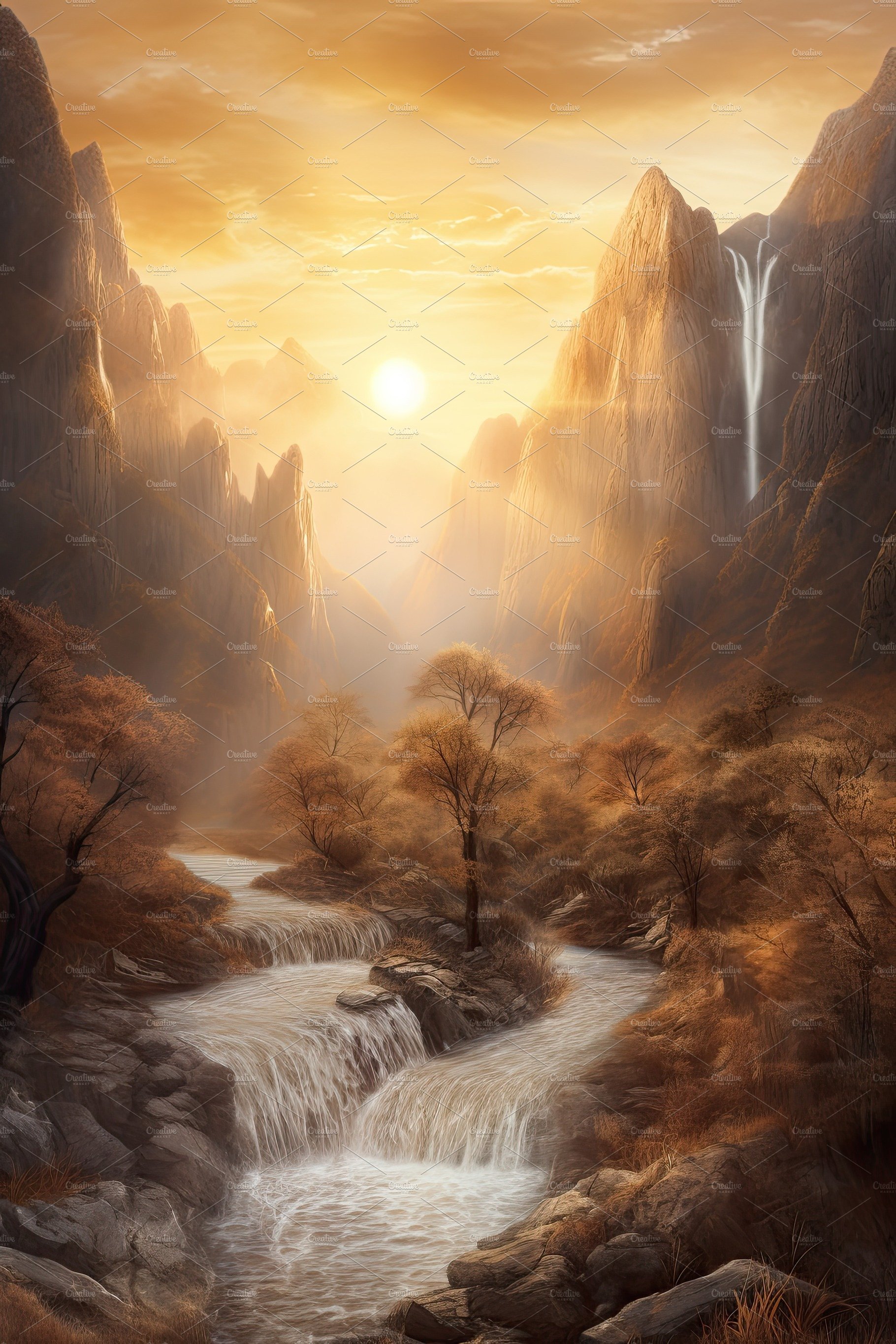 Beautiful vertical landscape with tall mountains, waterfall and a river. Ge... cover image.