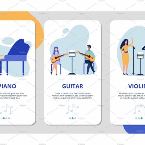 Music mobile app pages. Piano violin cover image.