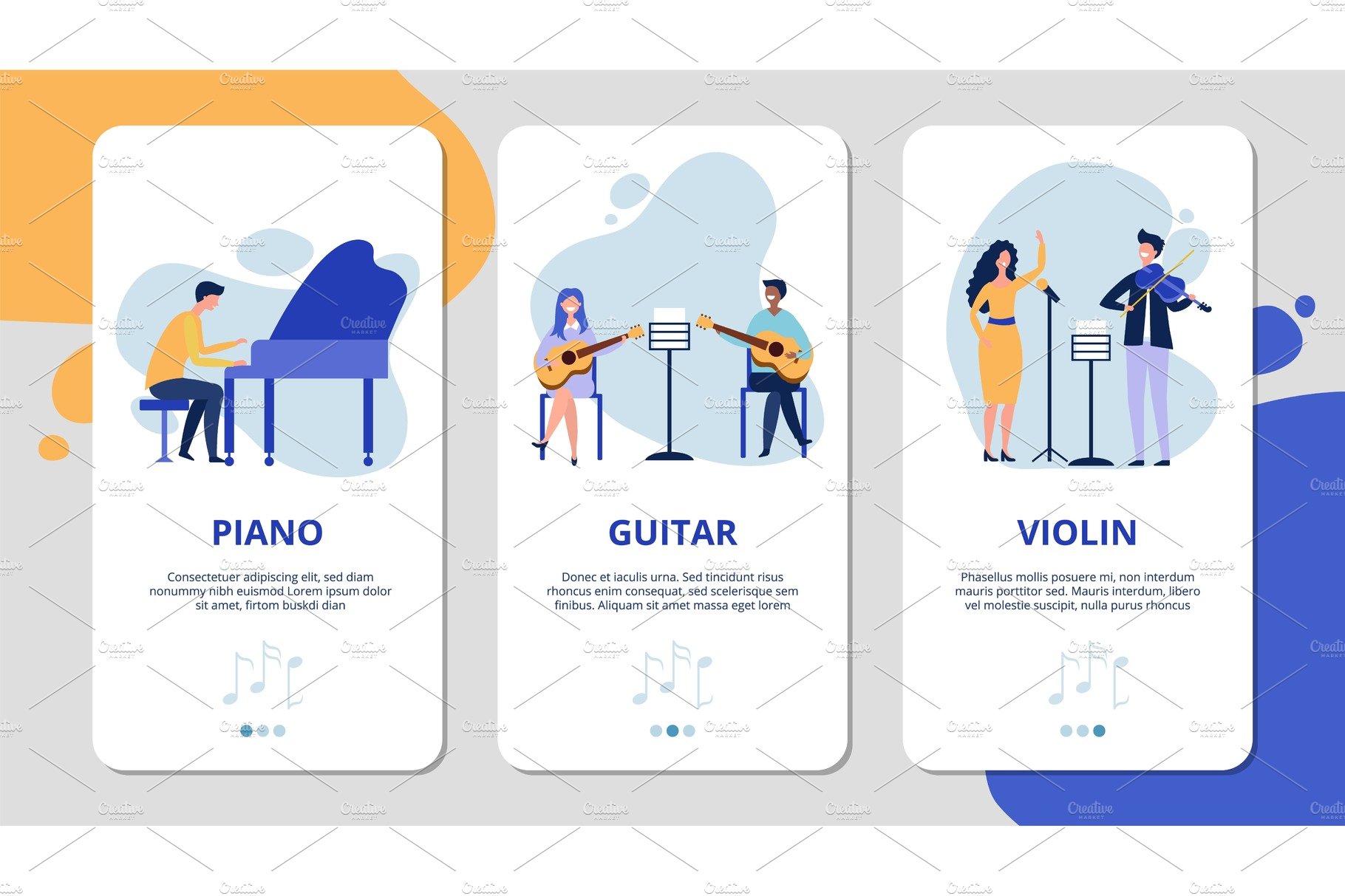 Music mobile app pages. Piano violin cover image.