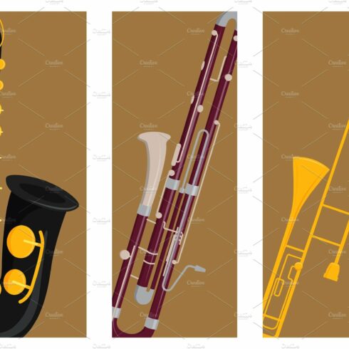 Wind musical instruments cards tools acoustic musician equipment orchestra ... cover image.