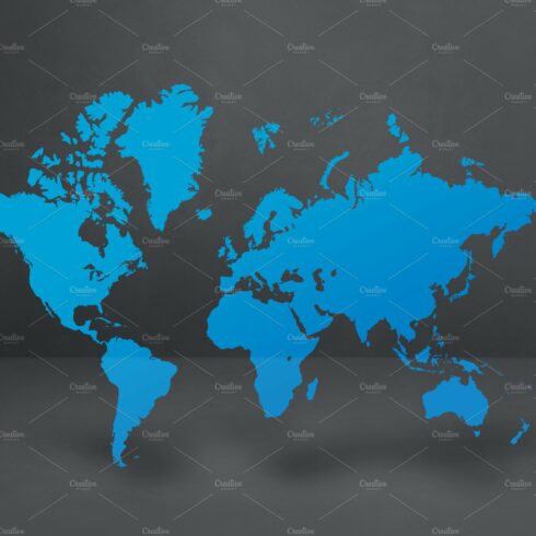 Blue world map on black concrete wall background. 3D illustratio cover image.