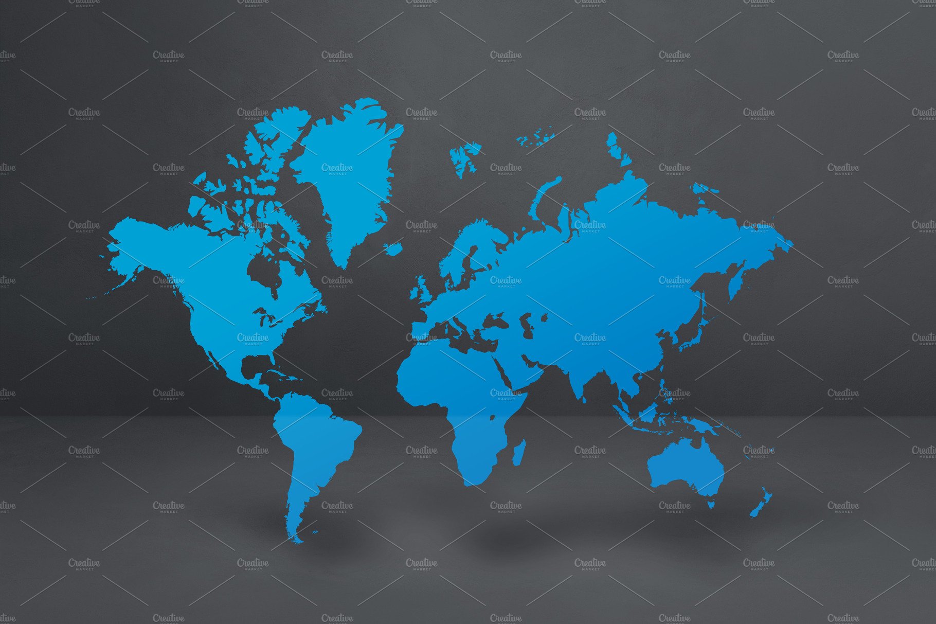 Blue world map on black concrete wall background. 3D illustratio cover image.