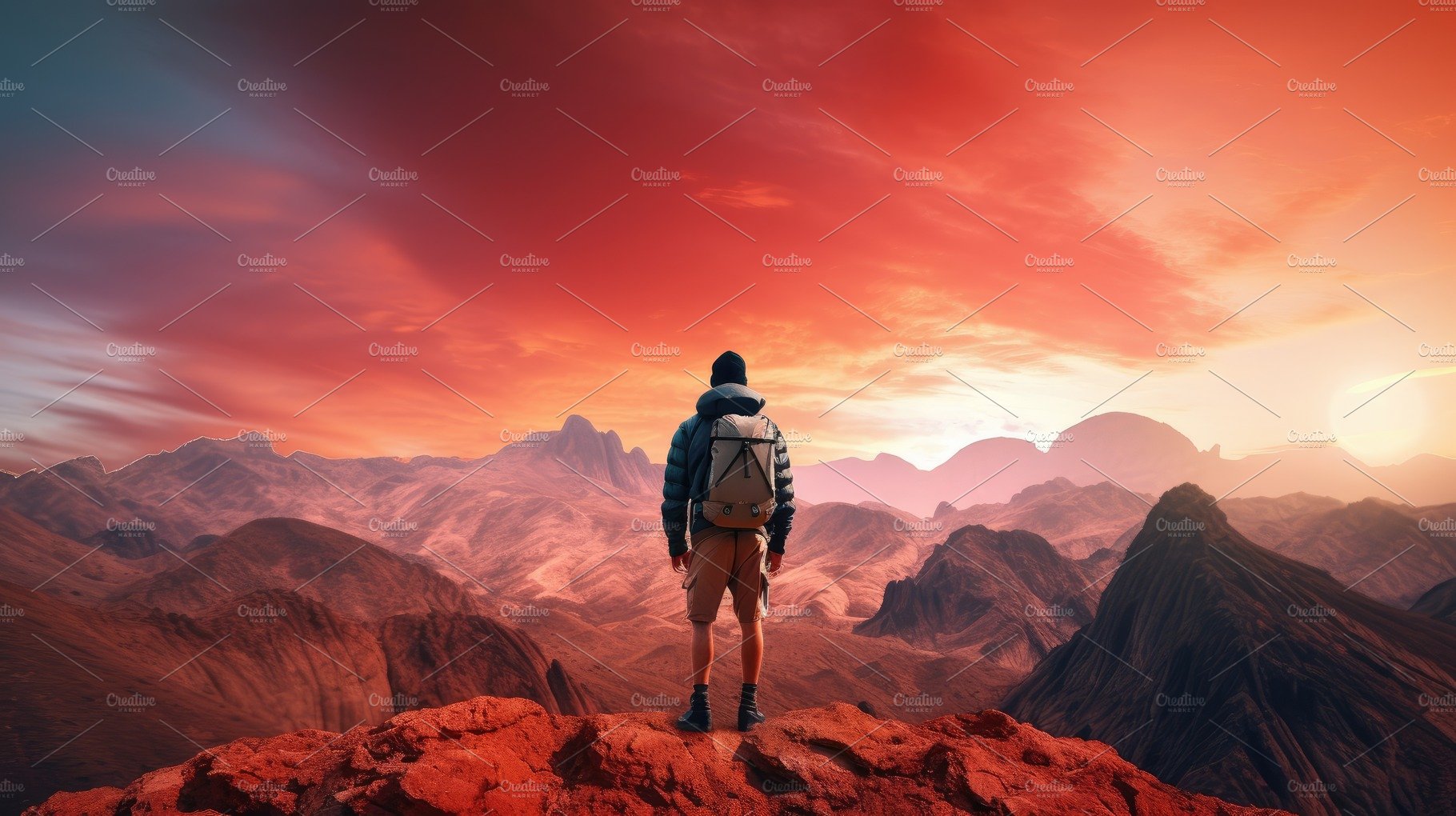 The man atop the red mountain gazed at the setting sun and orang cover image.