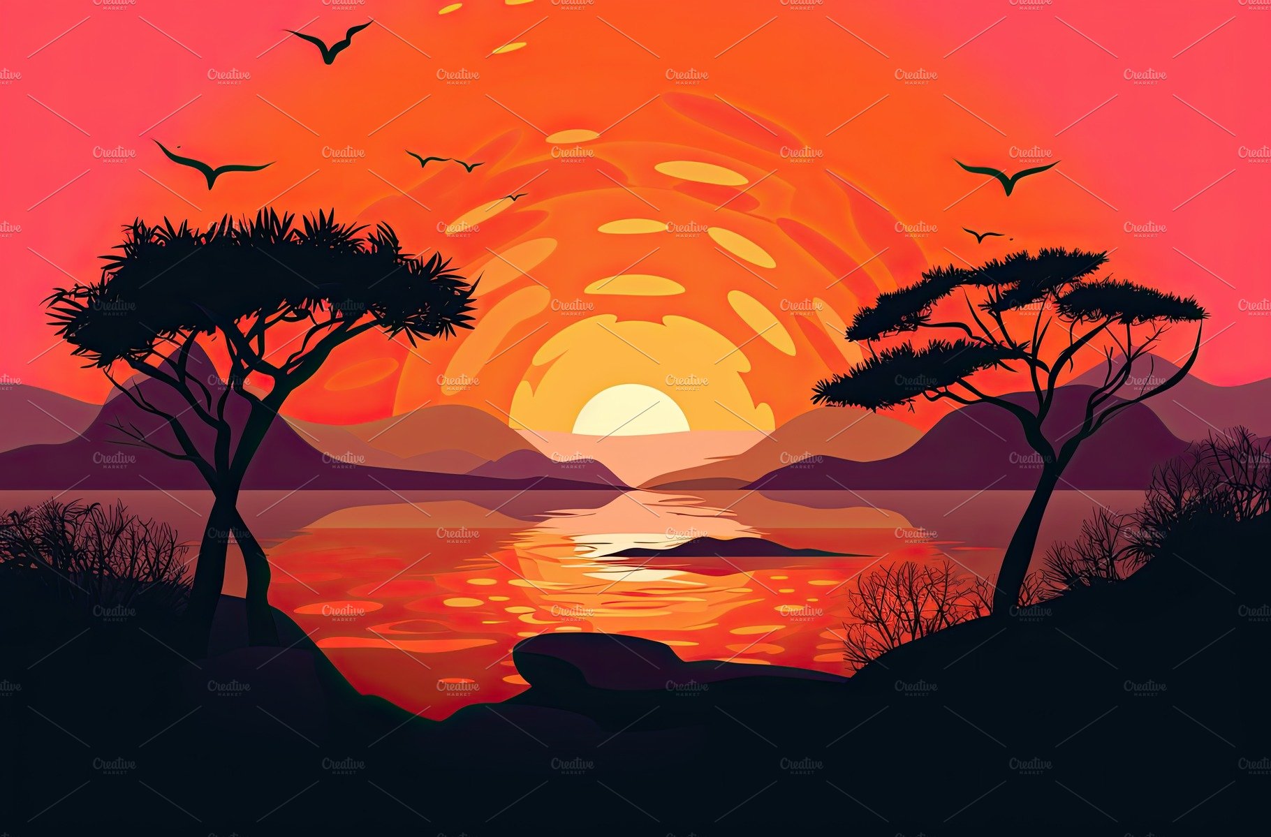 Orange sunset landscape. Evening on the beach with palm trees. Generative AI cover image.