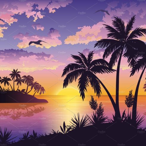 Tropical islands, palms, sky and cover image.