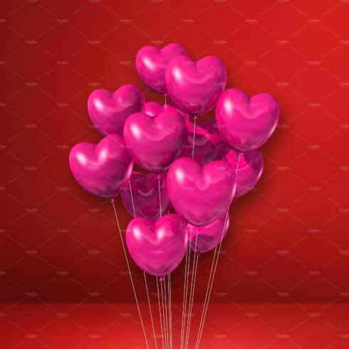 Pink heart shape balloons bunch on a red wall background cover image.
