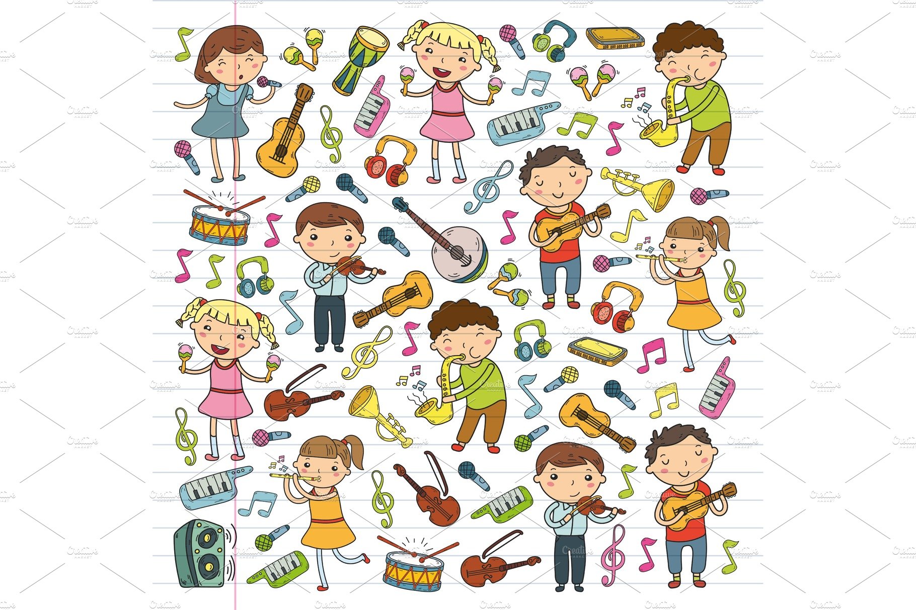 Music school for kids Vector illustration Children singing songs, playing m... cover image.
