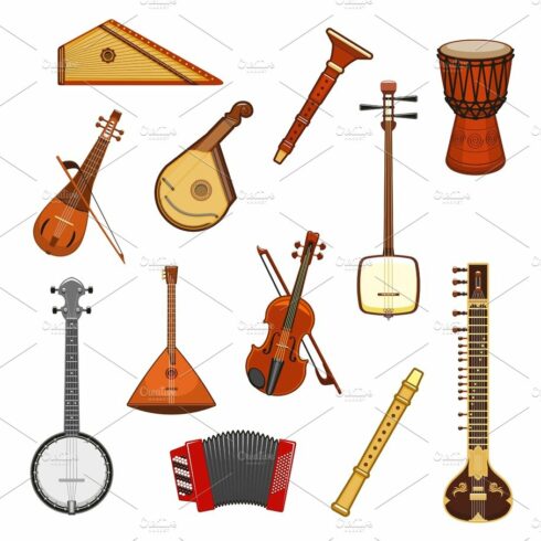 Classic and ethnic music instrument icon set cover image.