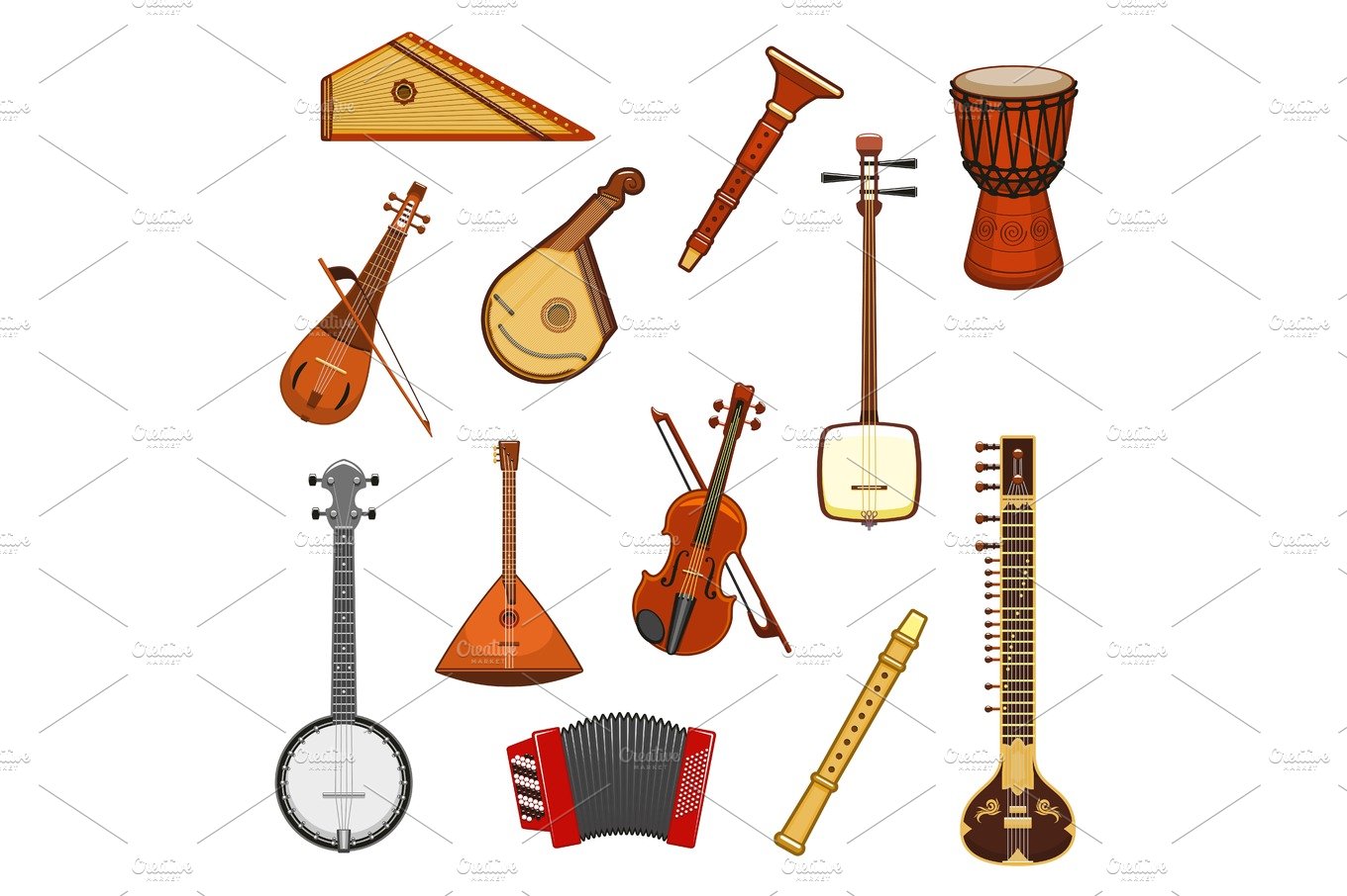 Classic and ethnic music instrument icon set cover image.