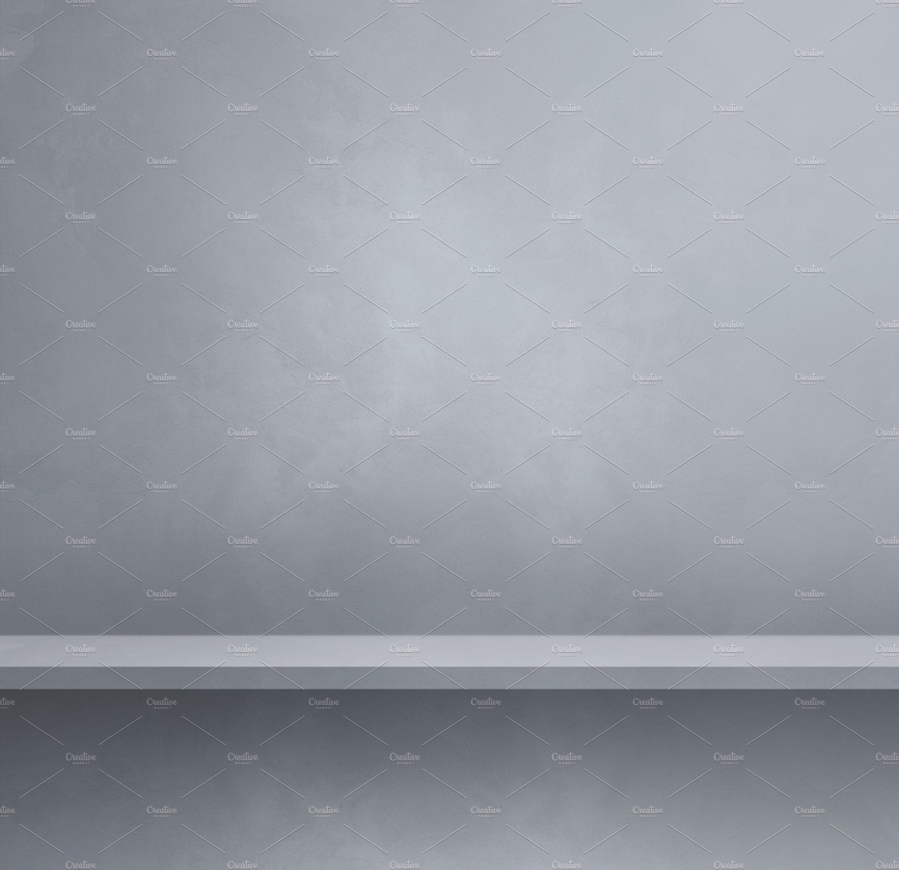Empty shelf on a grey wall. Background template. Square banner cover image.