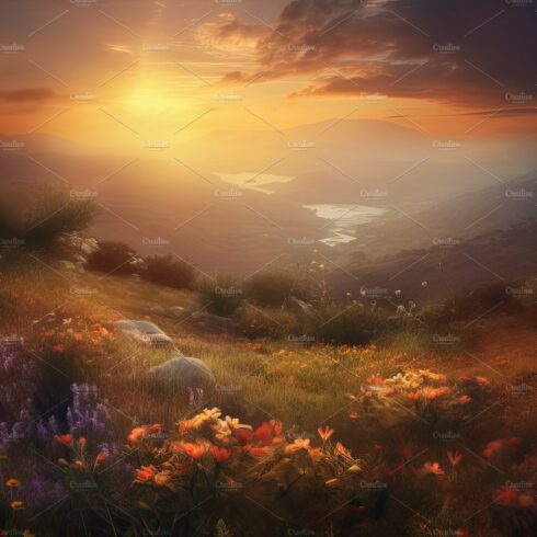 Amazing sunset over a beautiful landscape covered of flowers. Generative AI cover image.