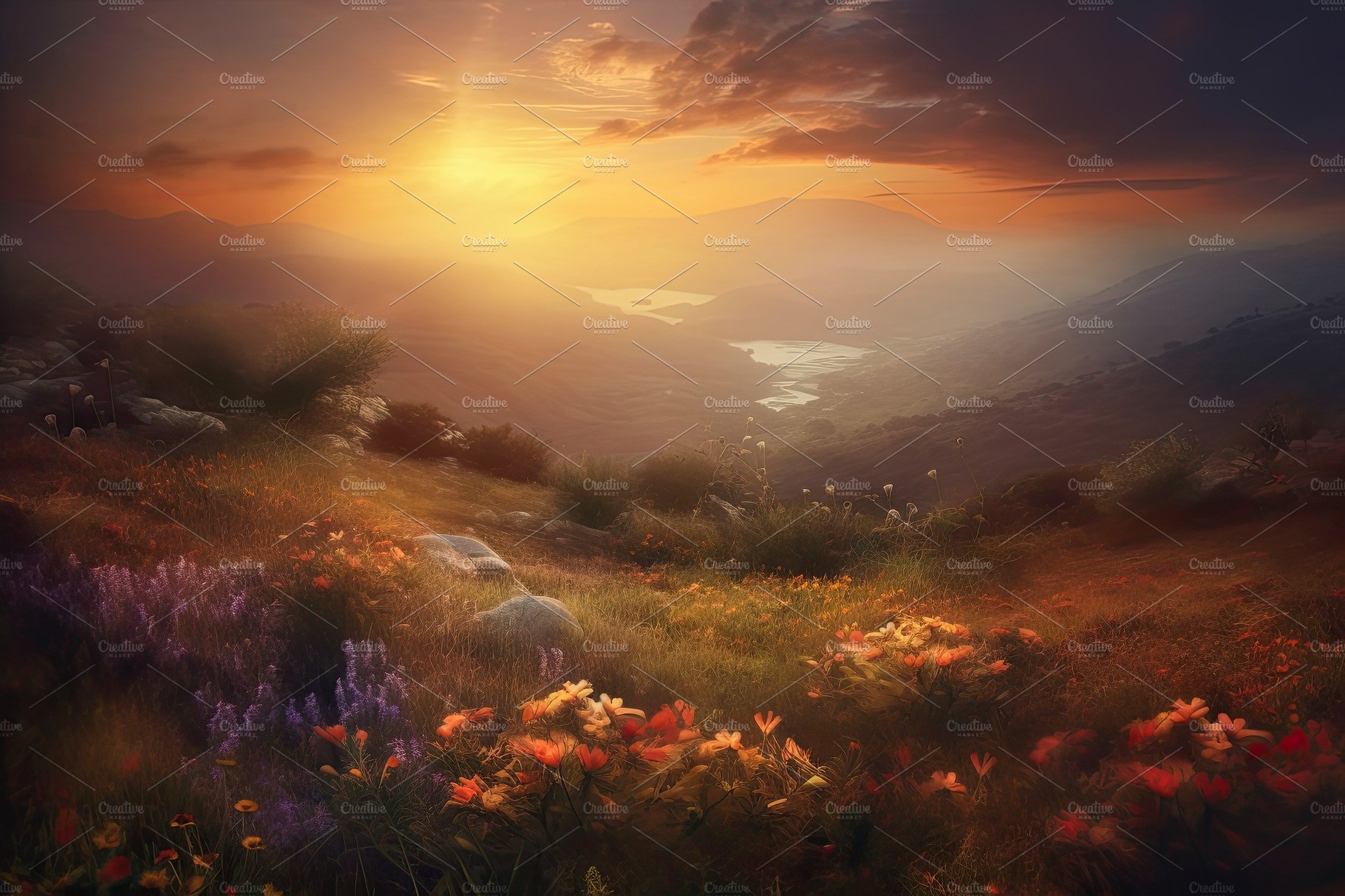 Amazing sunset over a beautiful landscape covered of flowers. Generative AI cover image.