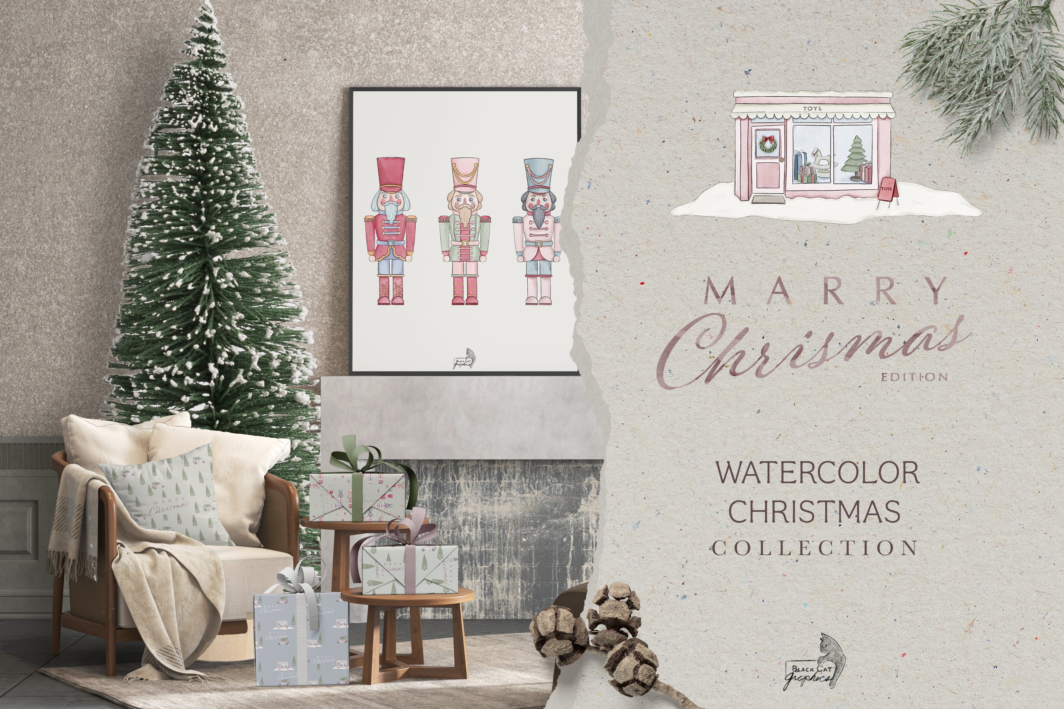 merry Christmas watercolor clipart preview image.