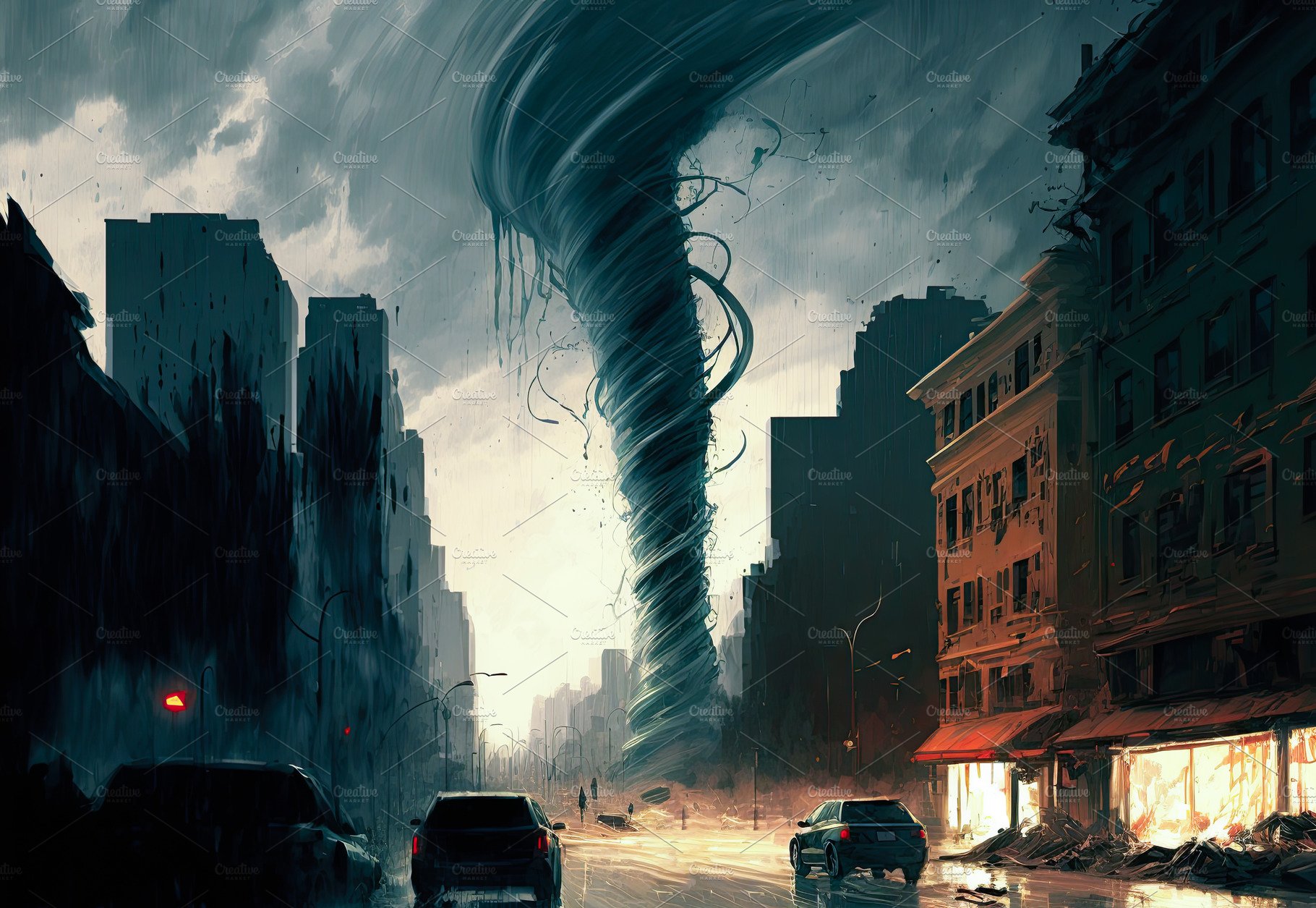 Painting of a dramatic tornado in the middle of the city. Genera cover image.