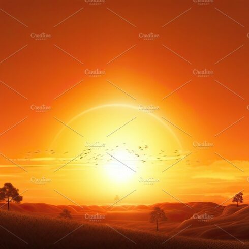 Hot sunset with a red sun on the background in the summer. Generative AI cover image.