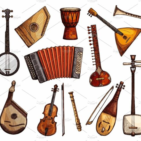 Ethnic musical instruments sketches set cover image.