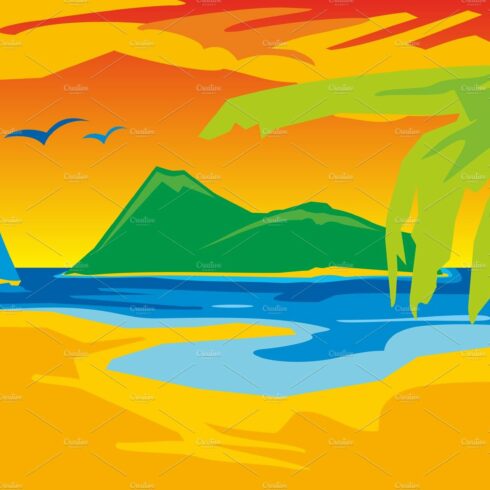 Panorama sunset sea. Vector flat cover image.