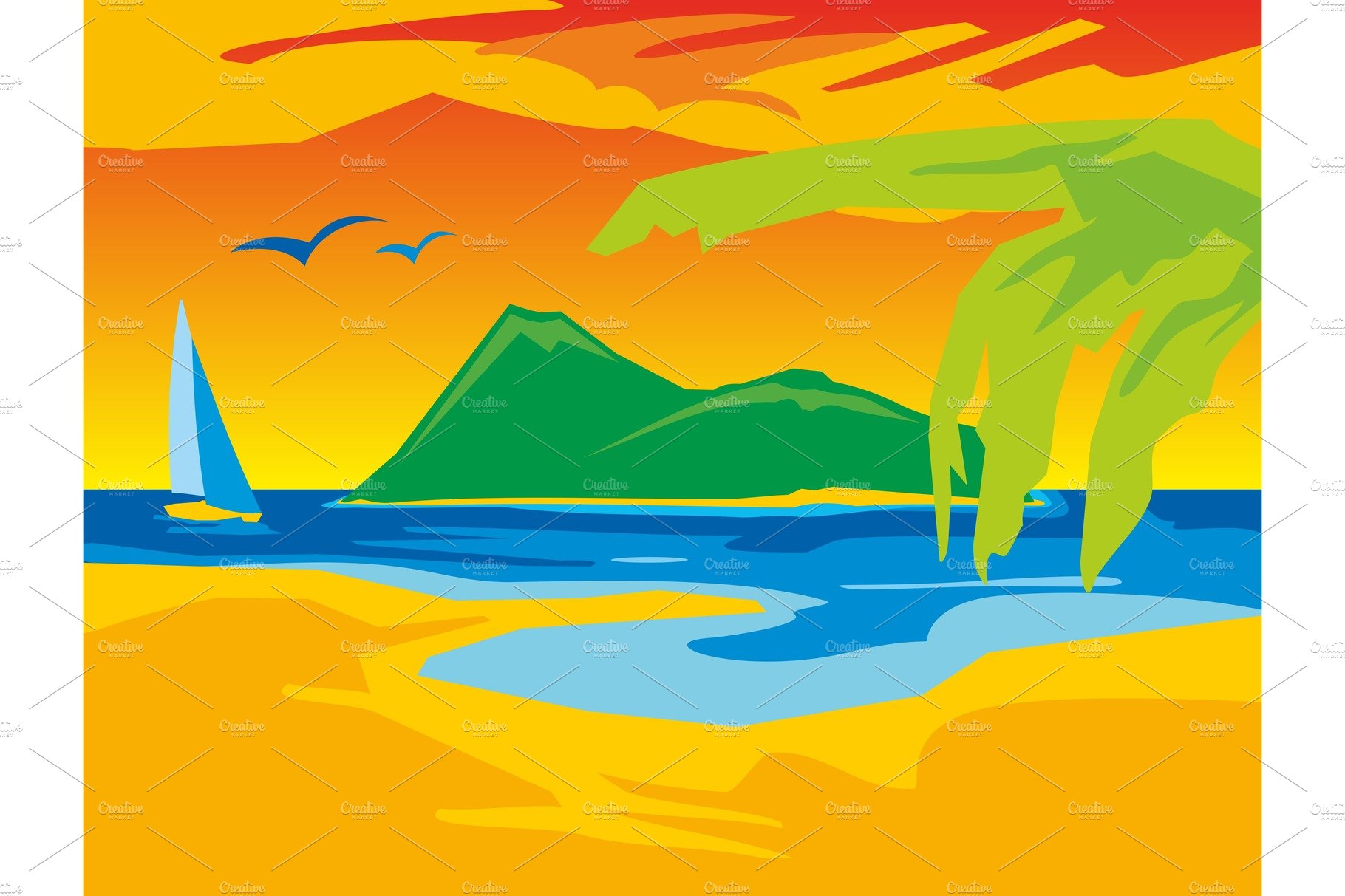 Panorama sunset sea. Vector flat cover image.