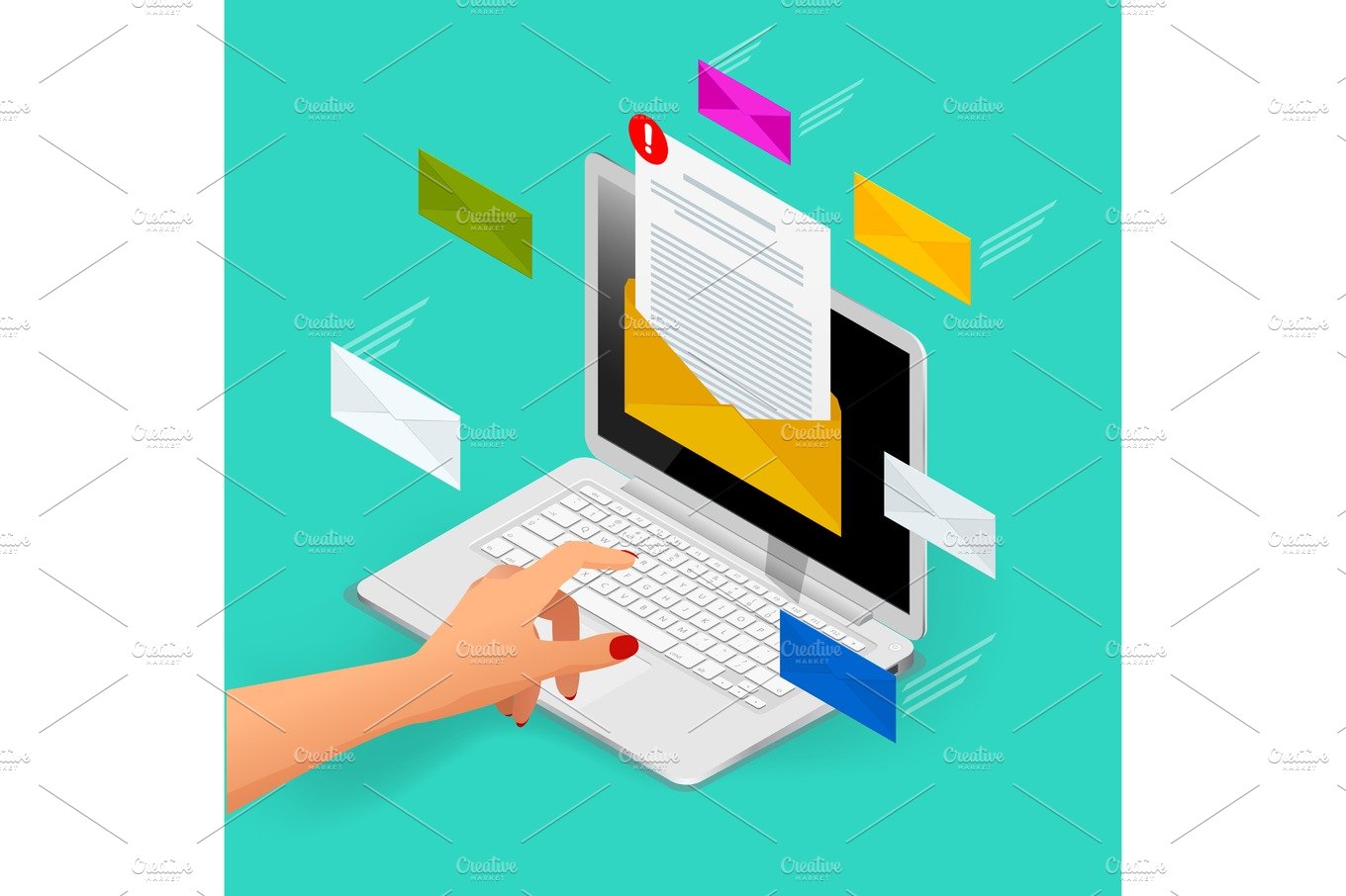 Incoming email isometric vector concept. Receiving messages. Laptop with en... cover image.