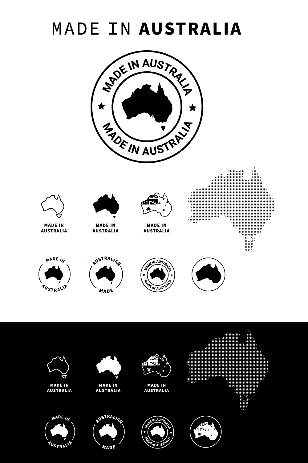 Made in Australia Vector Icon Set Australian-Made Badge Symbols Australia Outline Icon Pack Made in Australia icon Stamp made in with country map pinterest preview image.