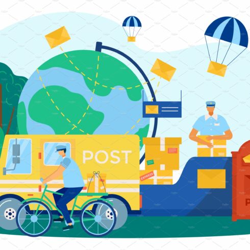 Mail delivery, post service, vector cover image.