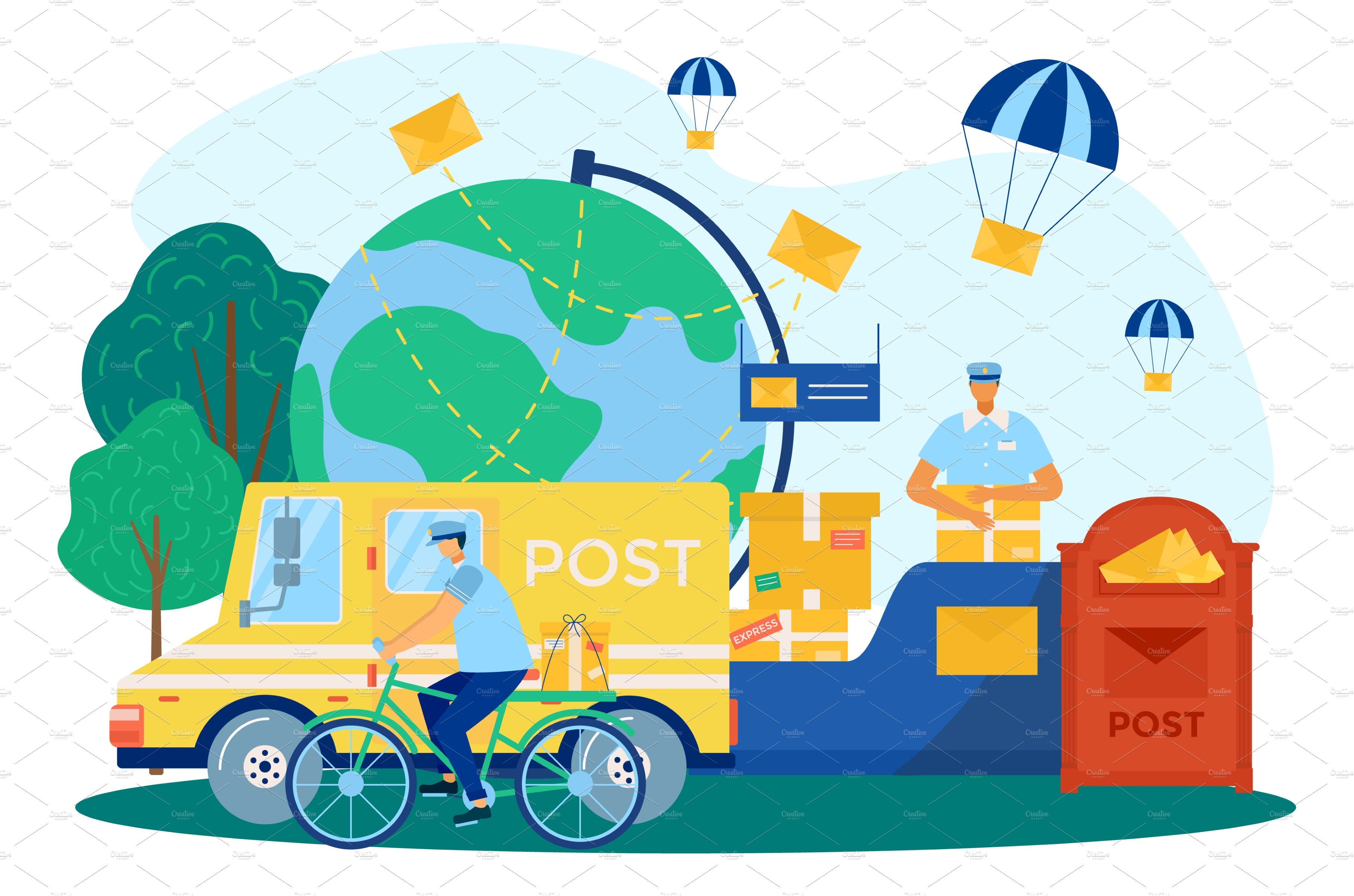 Mail delivery, post service, vector cover image.