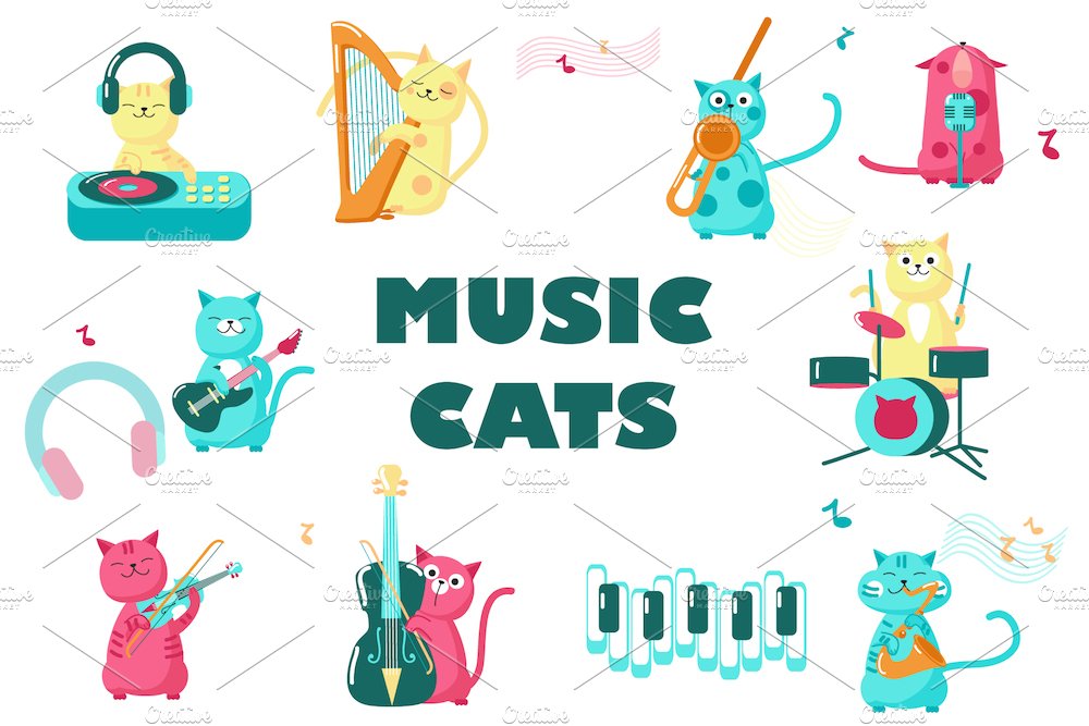 Music cats set and seamless patterns cover image.