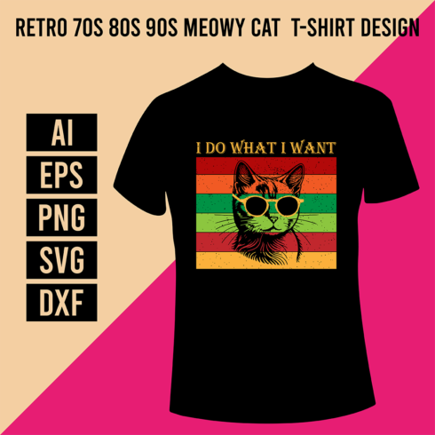 Retro 70s 80s 90s Meowy Cat T-Shirt Design cover image.