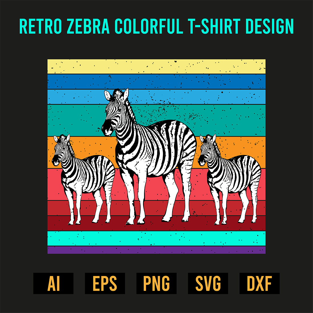 Retro Zebra Colorful T-Shirt Design preview image.