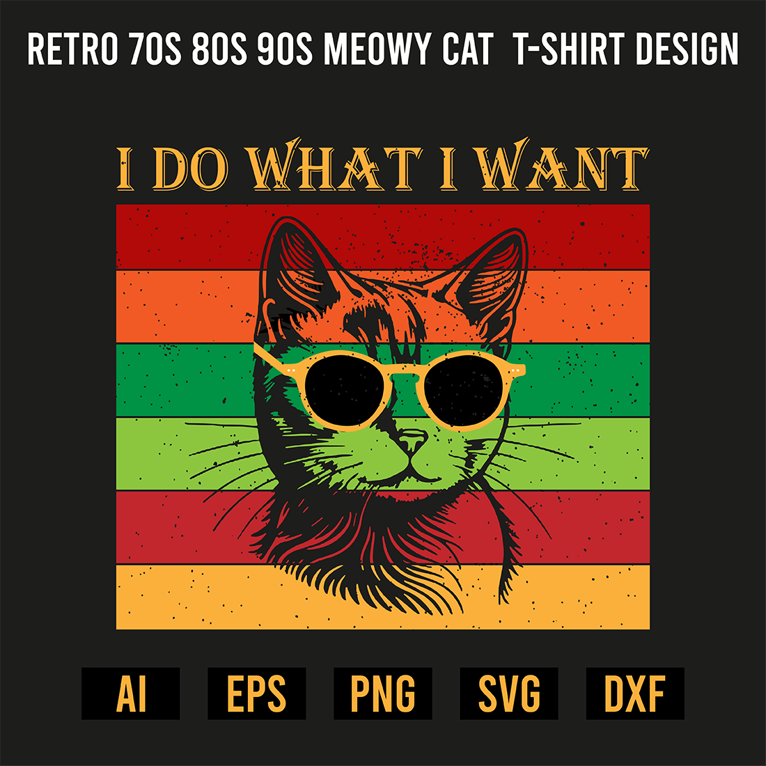 Retro 70s 80s 90s Meowy Cat T-Shirt Design preview image.