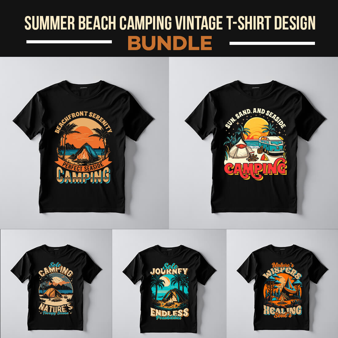 Vector Summer Beach Camping vintage tshirt design Bundle preview image.