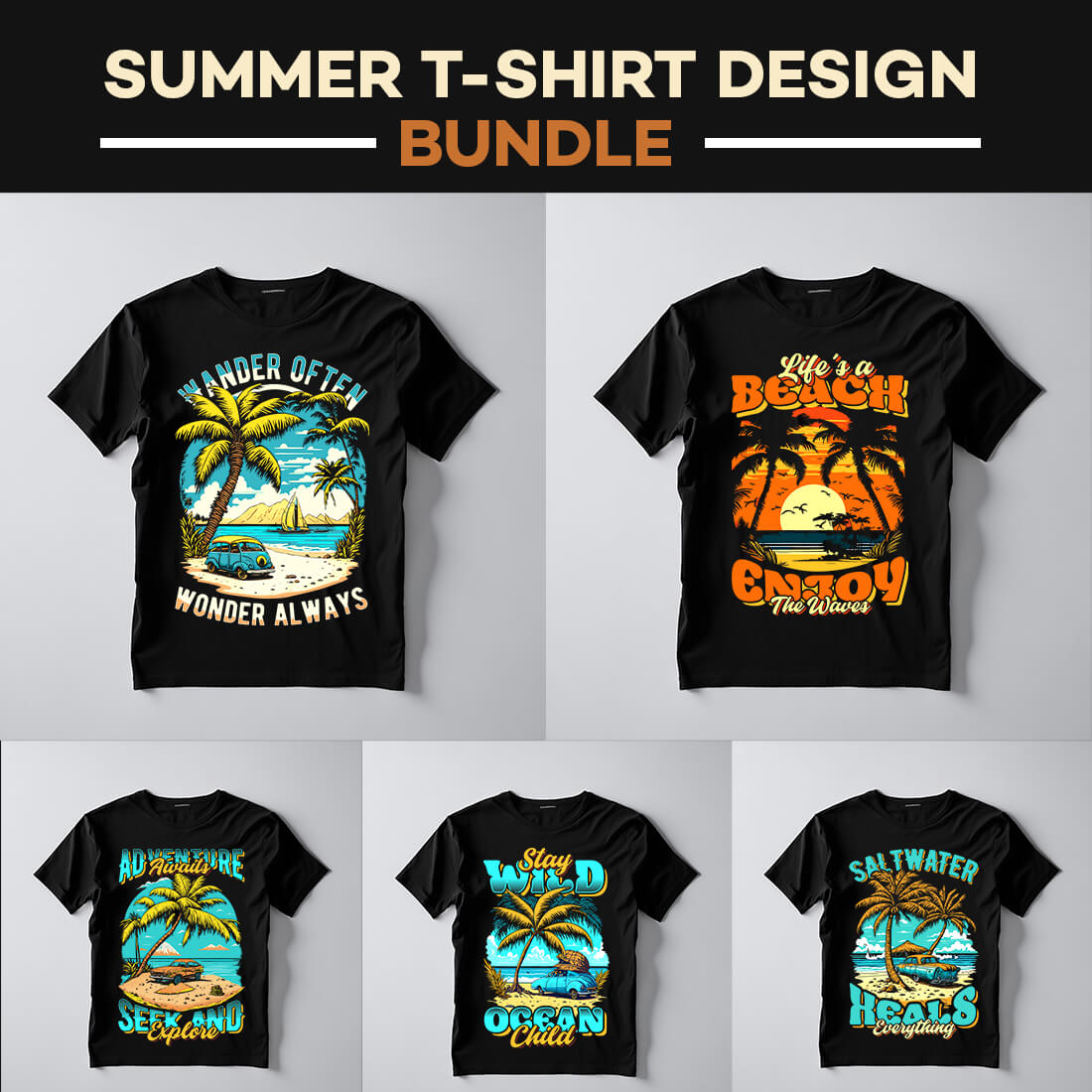 Vector summer camping vintage t shirt design preview image.