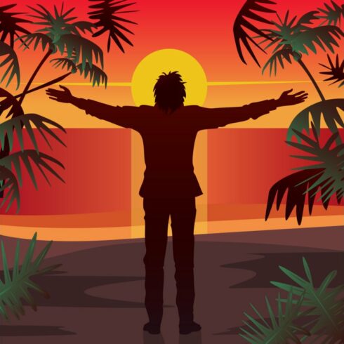 Man open arms outstretched at sunset cover image.