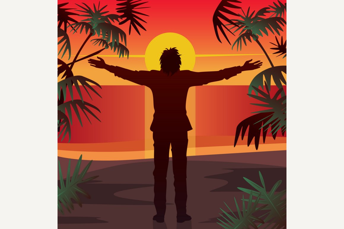 Man open arms outstretched at sunset cover image.