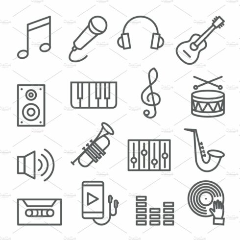 Music line icons set on white cover image.
